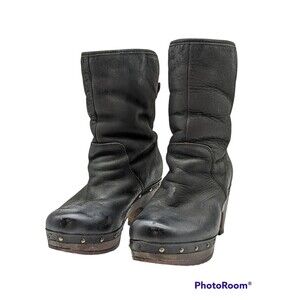 Ugg 1958 Lynnea Clog Boots Fold Over Shearling Ankle Boot Black Womens Sz 6 EUC